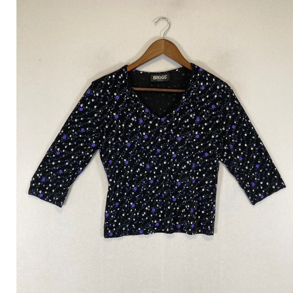 90s Aesthetic Briggs Petite Women S Black Purple Floral V-Neck 3/4 Sleeve Top